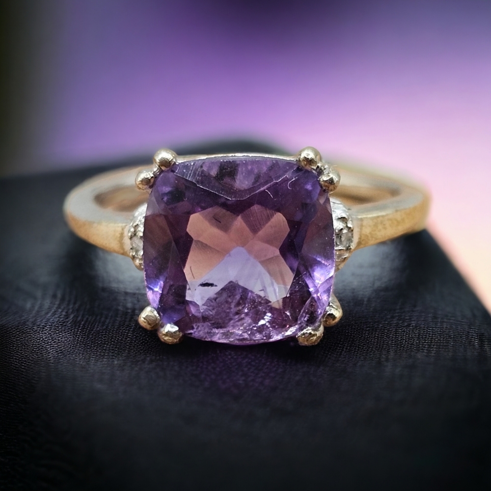 NWOT 3.6 Carat Amethyst and Diamond Ring in Platinum dipped Sterling Silver
